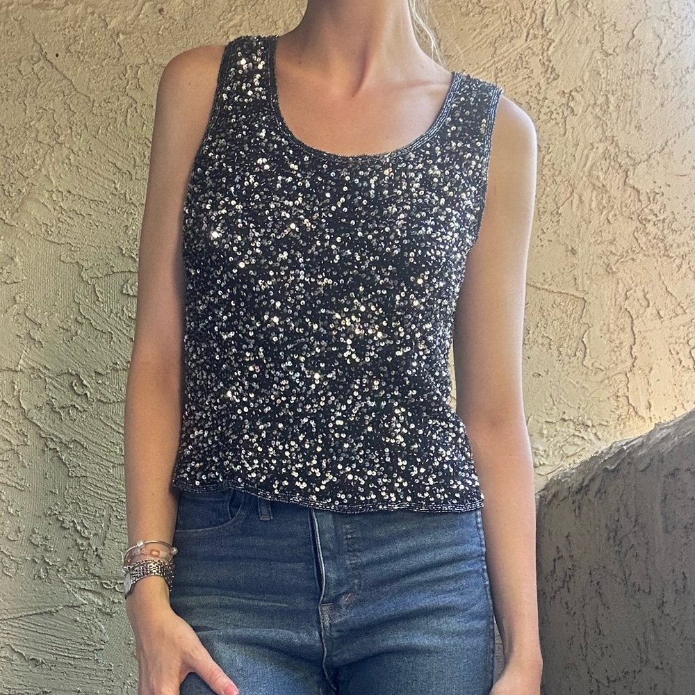 Papell Boutique Silk Silver Black Sequin Tank Top